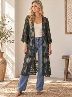 Woven Heart Dark Green Floral Lace Kimono Cover-Up Boho Minimalist